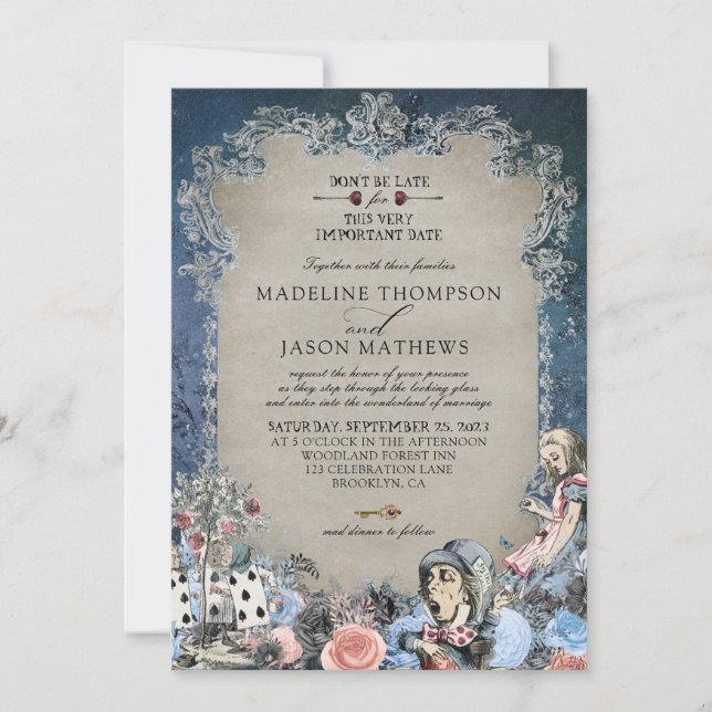 Elegant Dusty Blue Alice in Wonderland Wedding Invitation (Front)