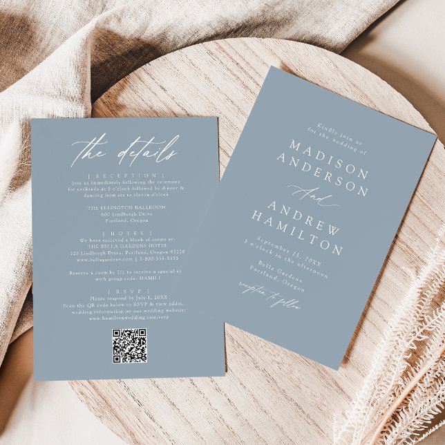 Elegant Dusty Blue All In One QR Code Wedding Invitation (Creator Uploaded)