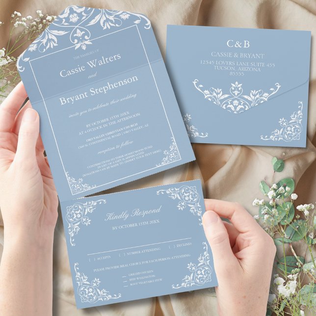 Elegant Dusty Blue All In One Wedding All In One Invitation (elegant dusty blue and white simple minimal all in one wedding invitation with rsvp card attached)