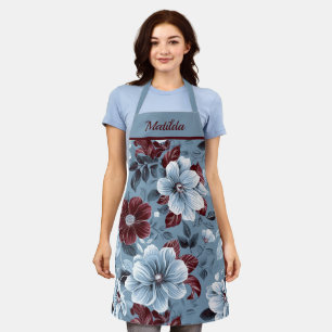 Elegant Dusty Blue and Burgundy Floral Apron