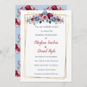 Elegant Dusty Blue and Burgundy Wedding Invitation