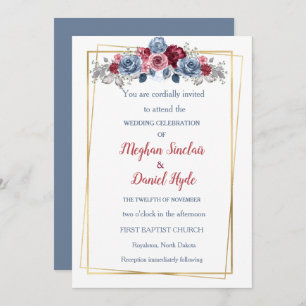 Elegant Dusty Blue and Burgundy Wedding  Invitation