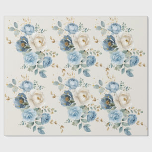 Elegant Dusty Blue and Cream Rose Wedding Wrapping Paper