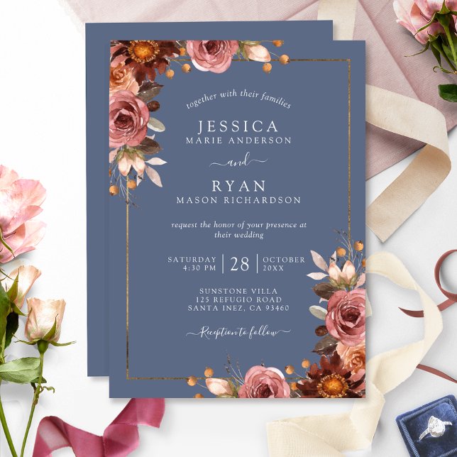 Elegant Dusty Blue and Dusty Rose Floral Wedding Invitation (Creator Uploaded)