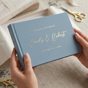Elegant Dusty Blue and Gold Calligraphy Wedding Guest Book