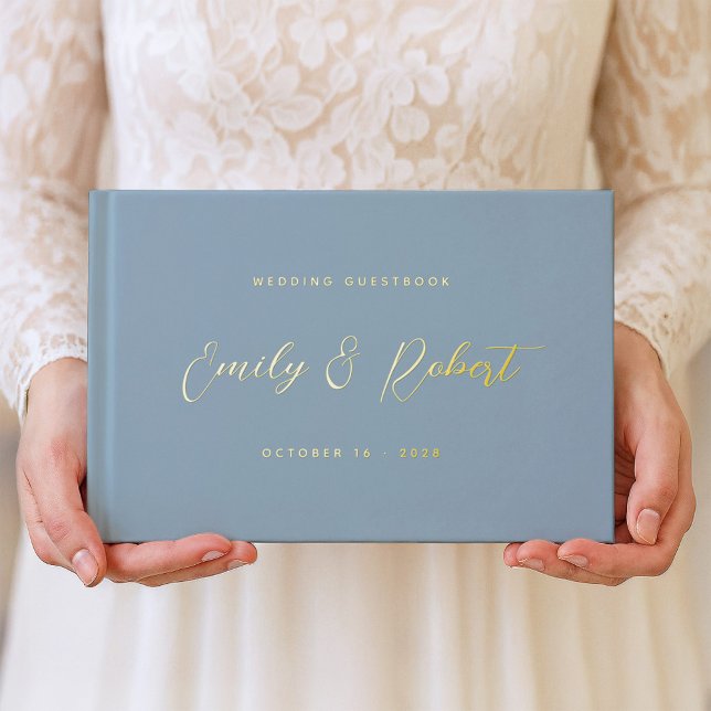 Elegant Dusty Blue and Gold Calligraphy Wedding Guest Book (Creator Uploaded)