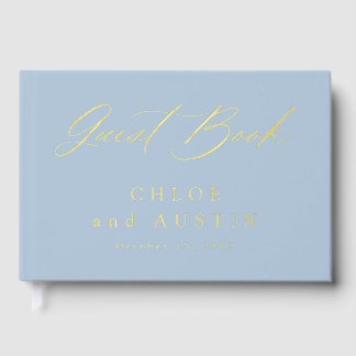 Elegant Dusty Blue and Gold Calligraphy Wedding Guest Book