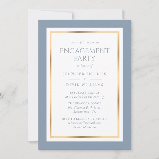 Elegant Dusty Blue and Gold Engagement Party Invitation (Front)