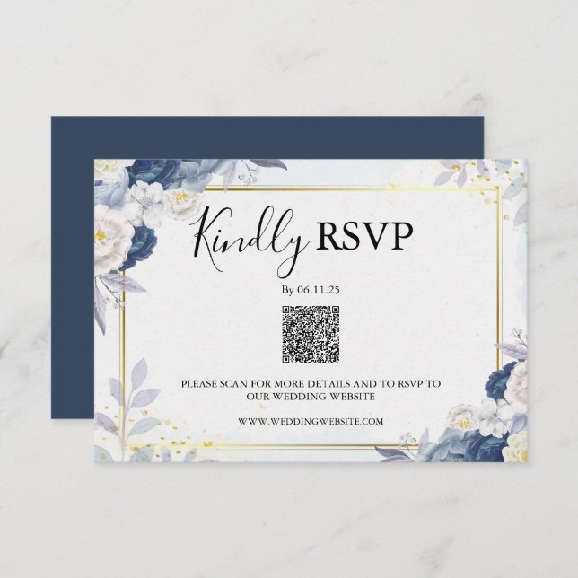 Elegant Dusty Blue and Gold Floral Rsvp Qr Code (Front/Back)