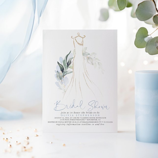 Elegant Dusty Blue and Gold Greenery Bridal Shower Invitation (Dusty Blue Greenery Dress Bridal Shower Invitations)