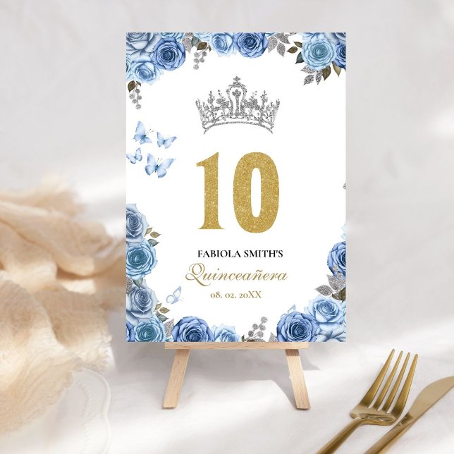 Elegant dusty blue and  gold quinceanera  table number (Creator Uploaded)