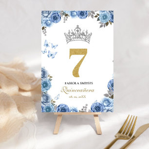 Elegant dusty blue and  gold quinceanera  table number