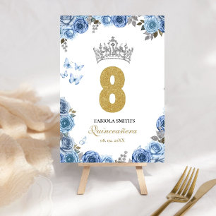 Elegant dusty blue and  gold quinceanera  table number