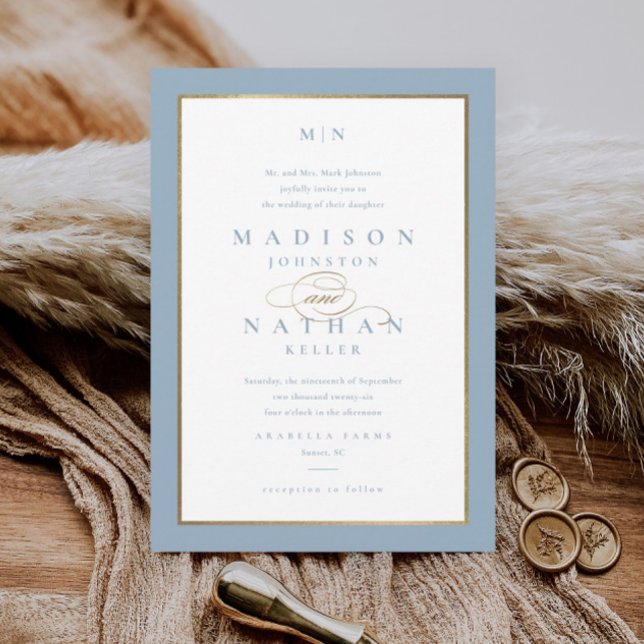 Elegant Dusty Blue and Gold Wedding Invitation (Creator Uploaded)
