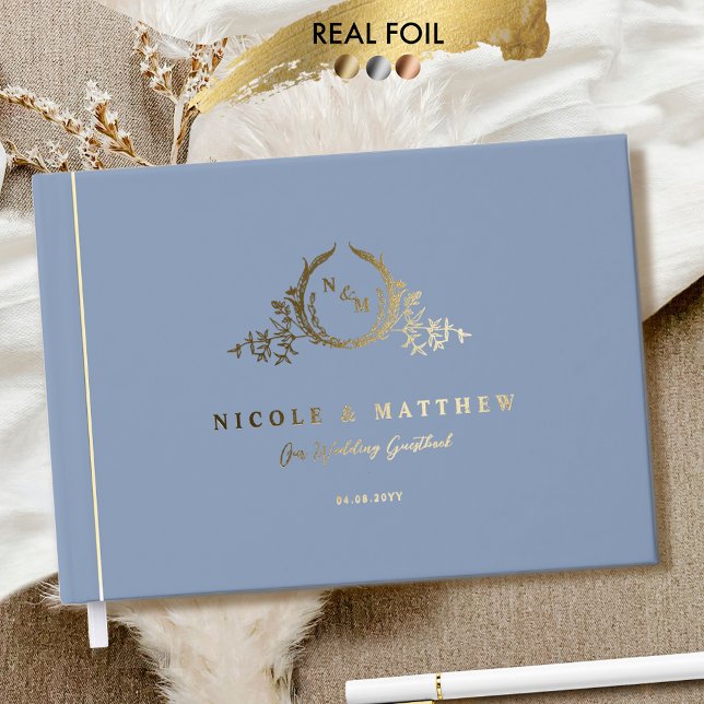 Elegant Dusty Blue and Real Foil Monogram Wedding Guest Book (Creator Uploaded)