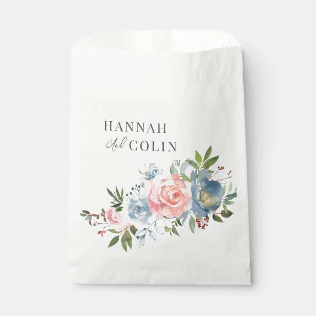 Elegant Dusty Blue and Rose Floral Swag Favour Bag (Front)