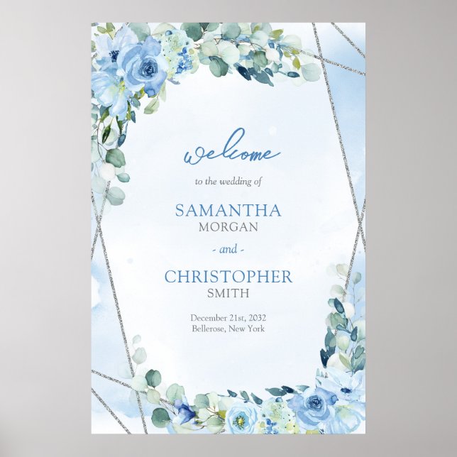 Elegant  Dusty Blue and silver frame sage Welcome Poster (Front)