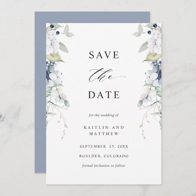  Elegant Dusty Blue and White Floral Wedding Save The Date (Front/Back)