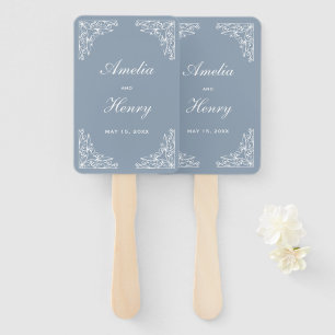 Elegant Dusty Blue and White Ornate Border Wedding Hand Fan