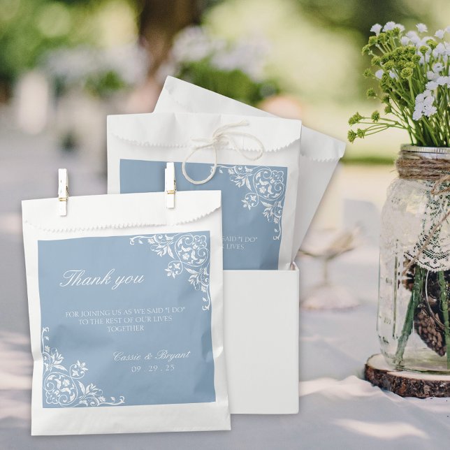 Elegant Dusty Blue and White Wedding Thank You Favour Bag (elegant dusty blue and white wedding favor bags for bridal party or thank you gifts for guests)