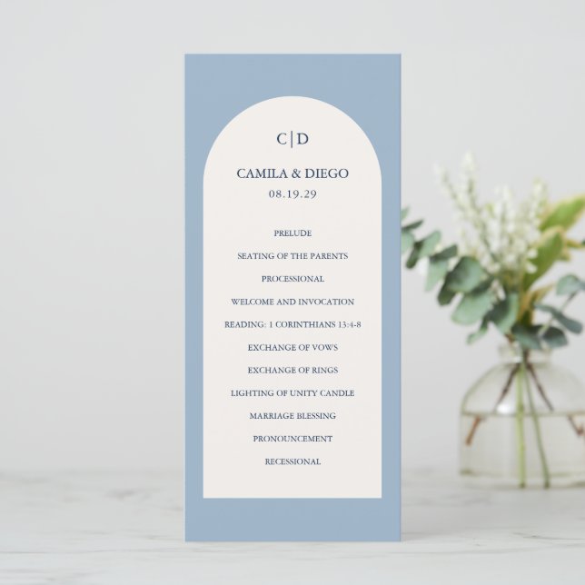 Elegant Dusty Blue Arch Modern Wedding Program (Standing Front)