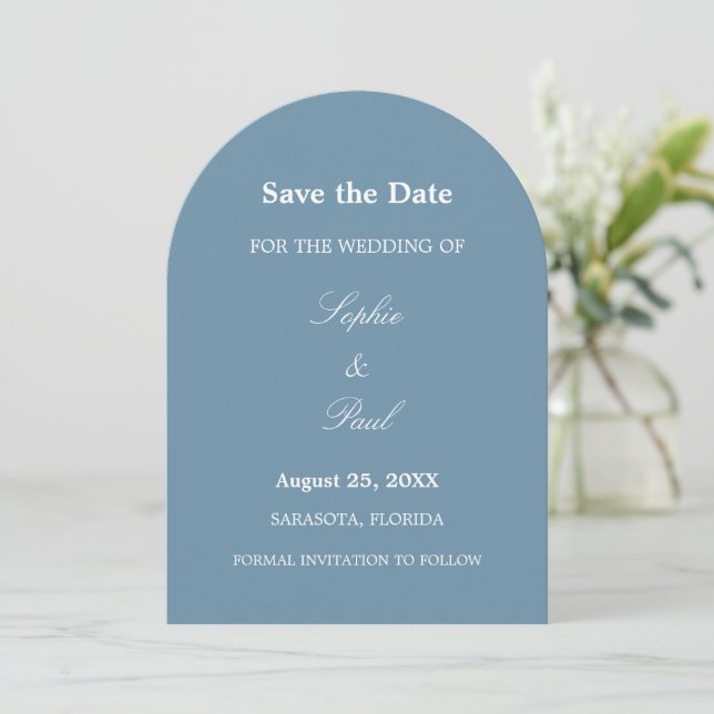 Elegant Dusty Blue Arch Save the Date (Standing Front)