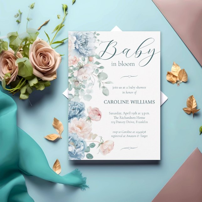 Elegant Dusty Blue Baby In Bloom Girl Baby Shower Invitation (Creator Uploaded)