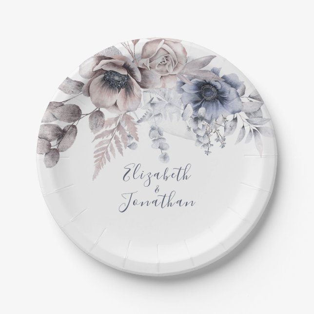 Elegant Dusty Blue Beige Floral Watercolor Paper Plate (Front)