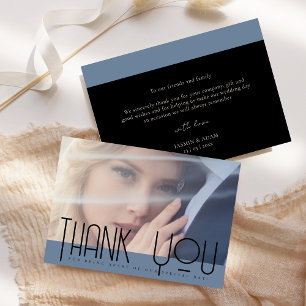 Elegant Dusty Blue Black Photo Wedding  Thank You Card
