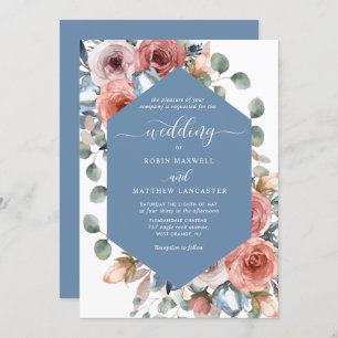 Elegant Dusty Blue Blissful Floral Wedding Invitation