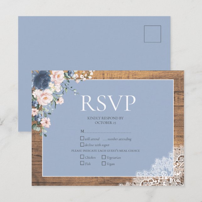 Elegant Dusty Blue Blush Floral Lace Wedding RSVP Invitation Postcard (Front/Back)