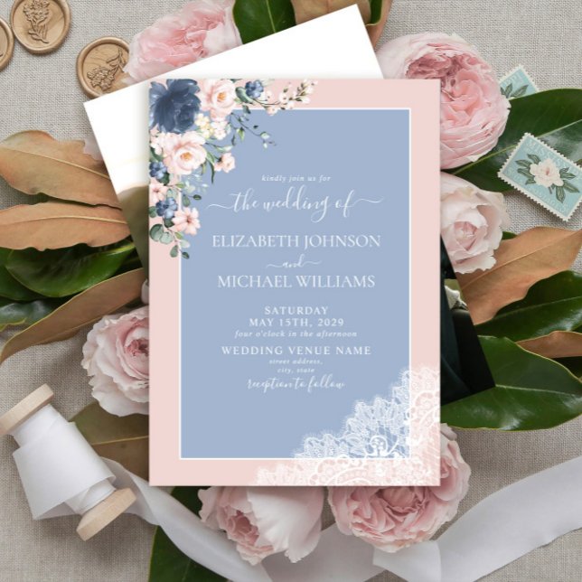 Elegant Dusty Blue Blush Lace Script Photo Wedding Invitation (Creator Uploaded)