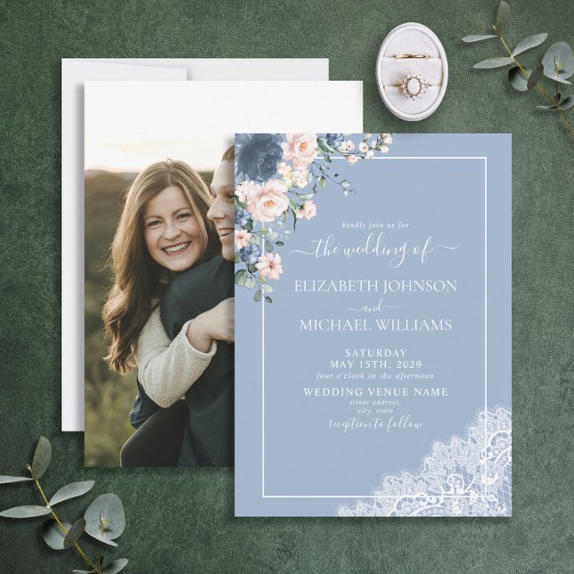 Elegant Dusty Blue Blush Lace Script Photo Wedding Invitation (Creator Uploaded)