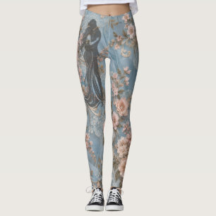 Elegant Dusty Blue Blush Pink Floral Lace Leggings