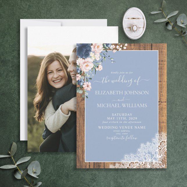 Elegant Dusty Blue Blush Rustic Lace Photo Wedding Invitation (Creator Uploaded)