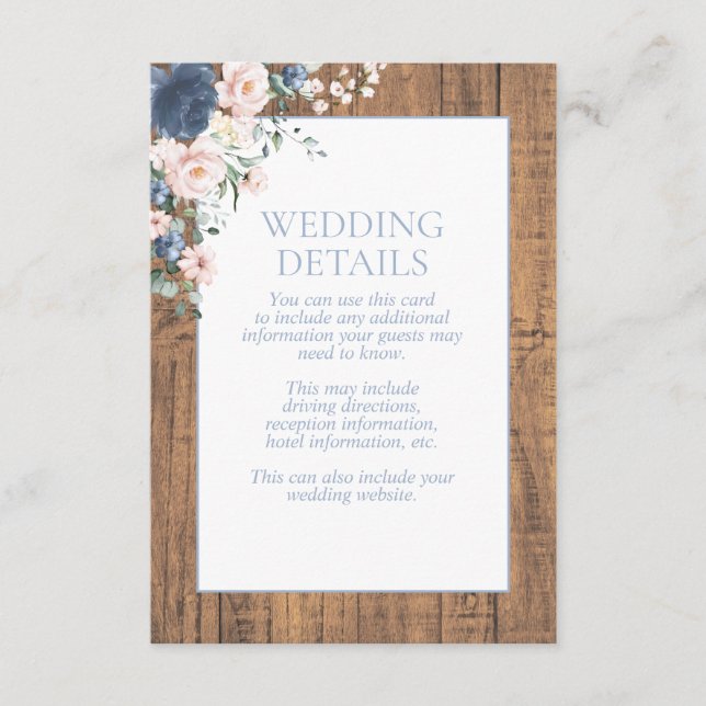 Elegant Dusty Blue Blush Rustic Wood Details Enclosure Card (Front)