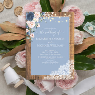 Elegant Dusty Blue Blush Rustic Wood Lace Script Invitation
