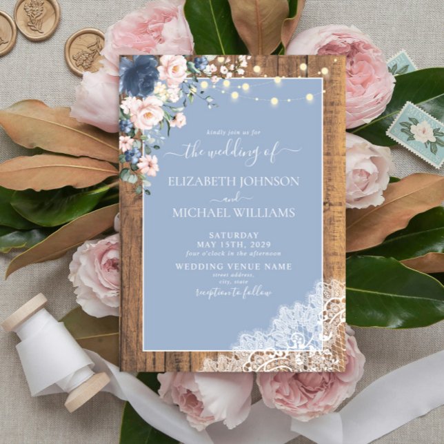 Elegant Dusty Blue Blush Rustic Wood Lace Script Invitation (Creator Uploaded)