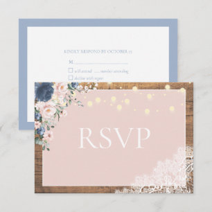 Elegant Dusty Blue Blush Rustic Wood Lace Script RSVP Card