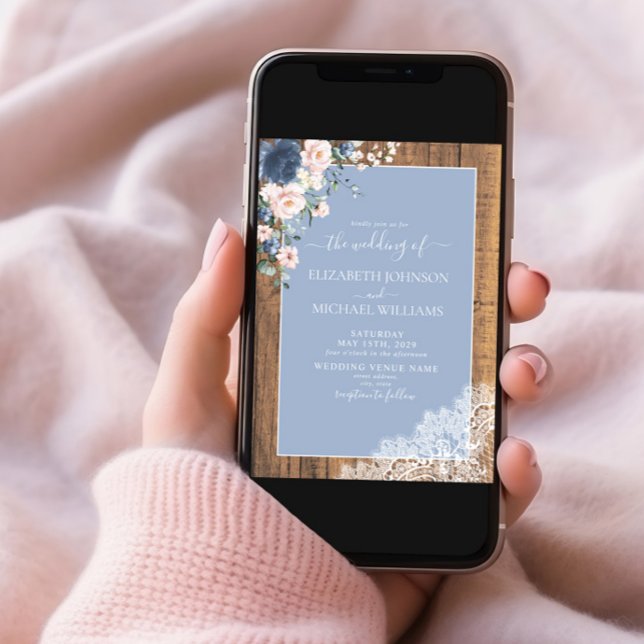 Elegant Dusty Blue Blush Rustic Wood Lace Wedding  Invitation (Creator Uploaded)