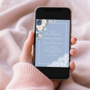 Elegant Dusty Blue Blush Rustic Wood Lace Wedding Invitation