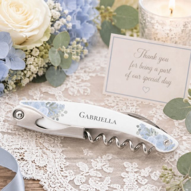 Elegant Dusty Blue Boho Floral Bridesmaid Name Corkscrew (Bridesmaid or Wedding Gift or Favor)