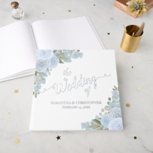 Elegant Dusty Blue Boho Floral Foil Wedding Guest Book