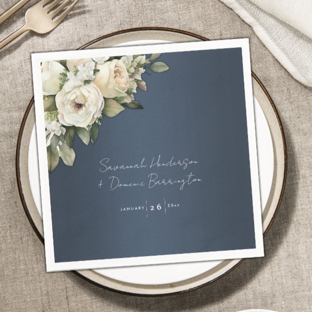 Elegant Dusty Blue Boho Roses Wedding Napkin (Creator Uploaded)