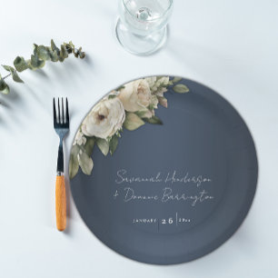 Elegant Dusty Blue Boho Roses Wedding Paper Plate