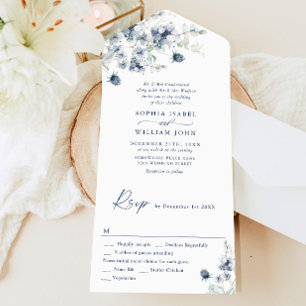 Elegant Dusty Blue Boho Winter Foliage Wedding All In One Invitation