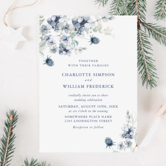 Elegant Dusty Blue Boho Winter Foliage Wedding Invitation (Creator Uploaded)
