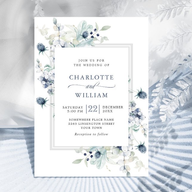 Elegant Dusty Blue Boho Winter Foliage Wedding Invitation (Creator Uploaded)