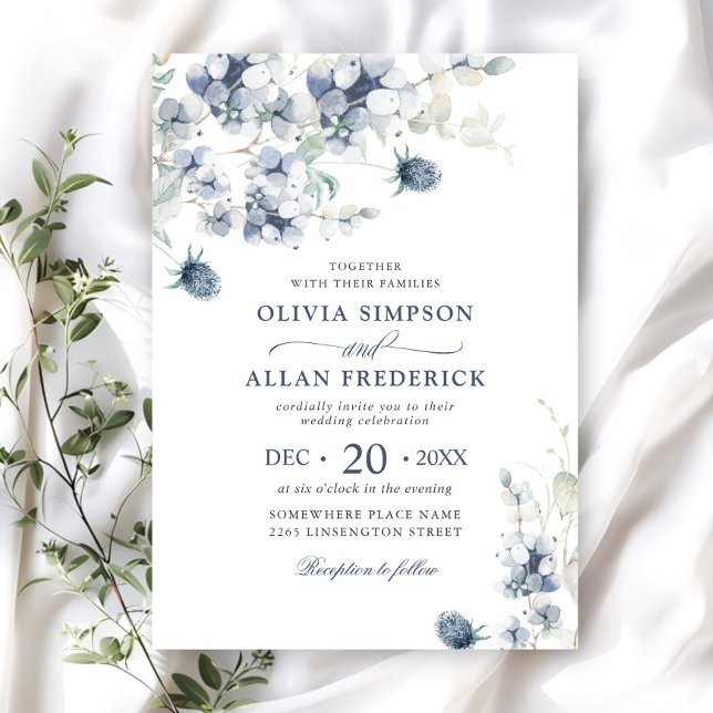 Elegant Dusty Blue Boho Winter Foliage Wedding Invitation (Creator Uploaded)
