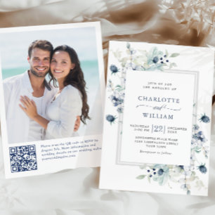 Elegant Dusty Blue Boho Winter Foliage Wedding Invitation